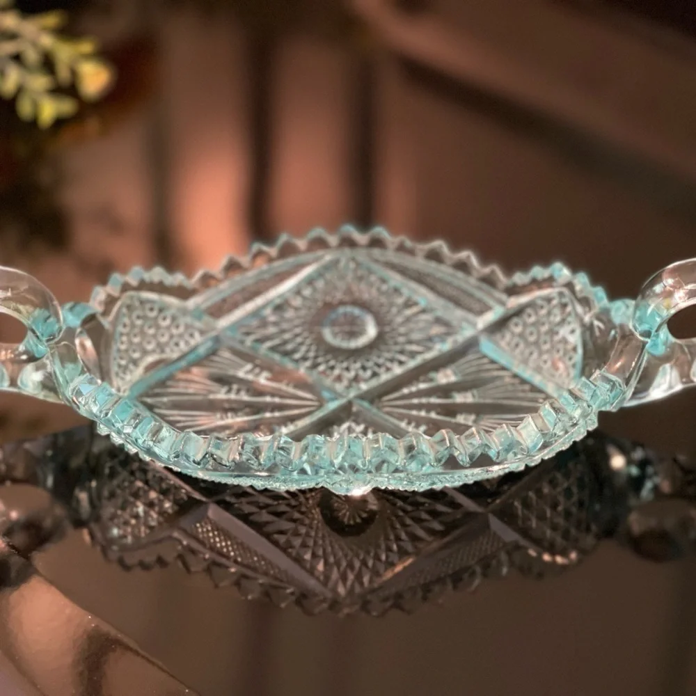 VINTAGE, VIKING, PRESSED GLASS, TURQUOISE, RELISH TRAY. SAWTOOTH EDGE.